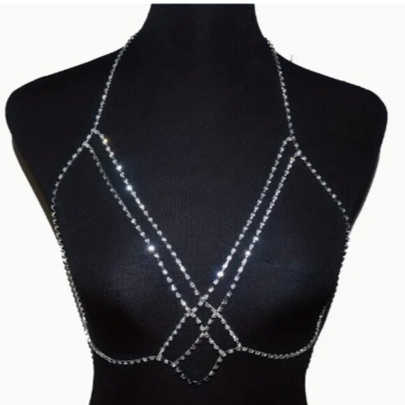 Silver Rhinestone Layered Bra Chain Body Jewelry - Picture 4 of 7